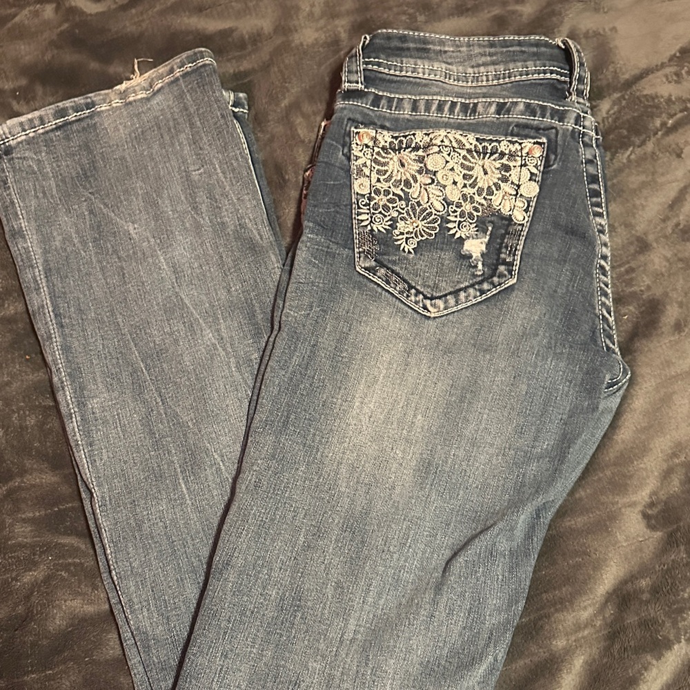 Grace Blue Straight Leg Jeans with Floral Detail
